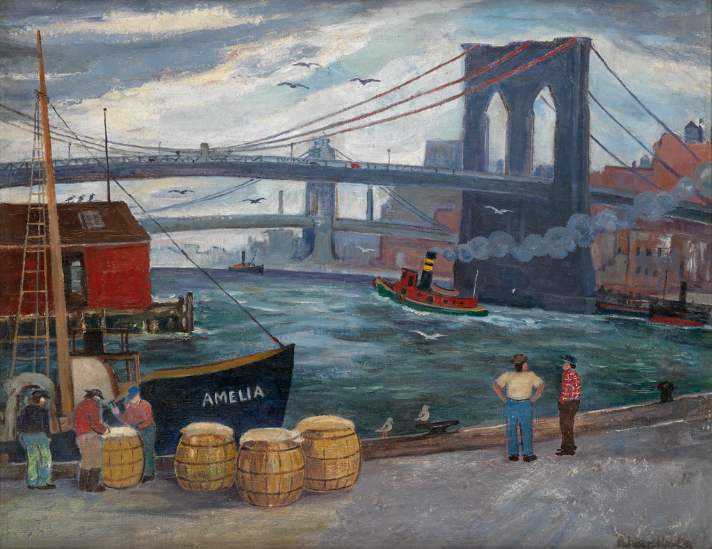 PALMER HAYDEN (1890 - 1973) Brooklyn Bridge and Dockworkers.
